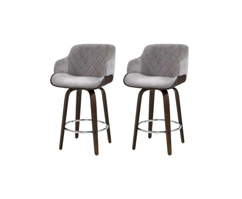 Wooden Bar Stool for Kitchen - Grey Velvet Fabric - Set of 2