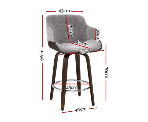 Wooden Bar Stool for Kitchen - Grey Velvet Fabric - Set of 2