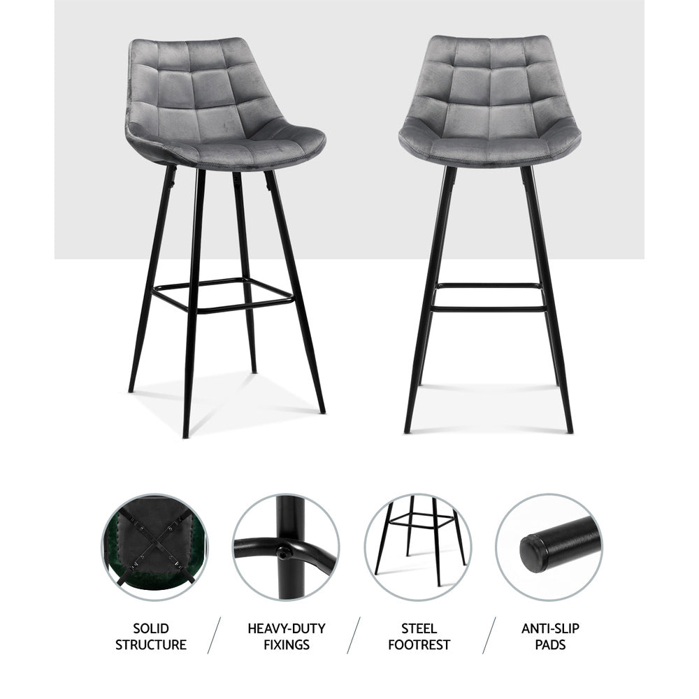 Artiss Set of 2 Velvet Bar Stools - Grey    "Modern Walnut Finish Chairs for Comfortable Seating in Any Room or Office Space - Fine Quality Furniture by Nessah"