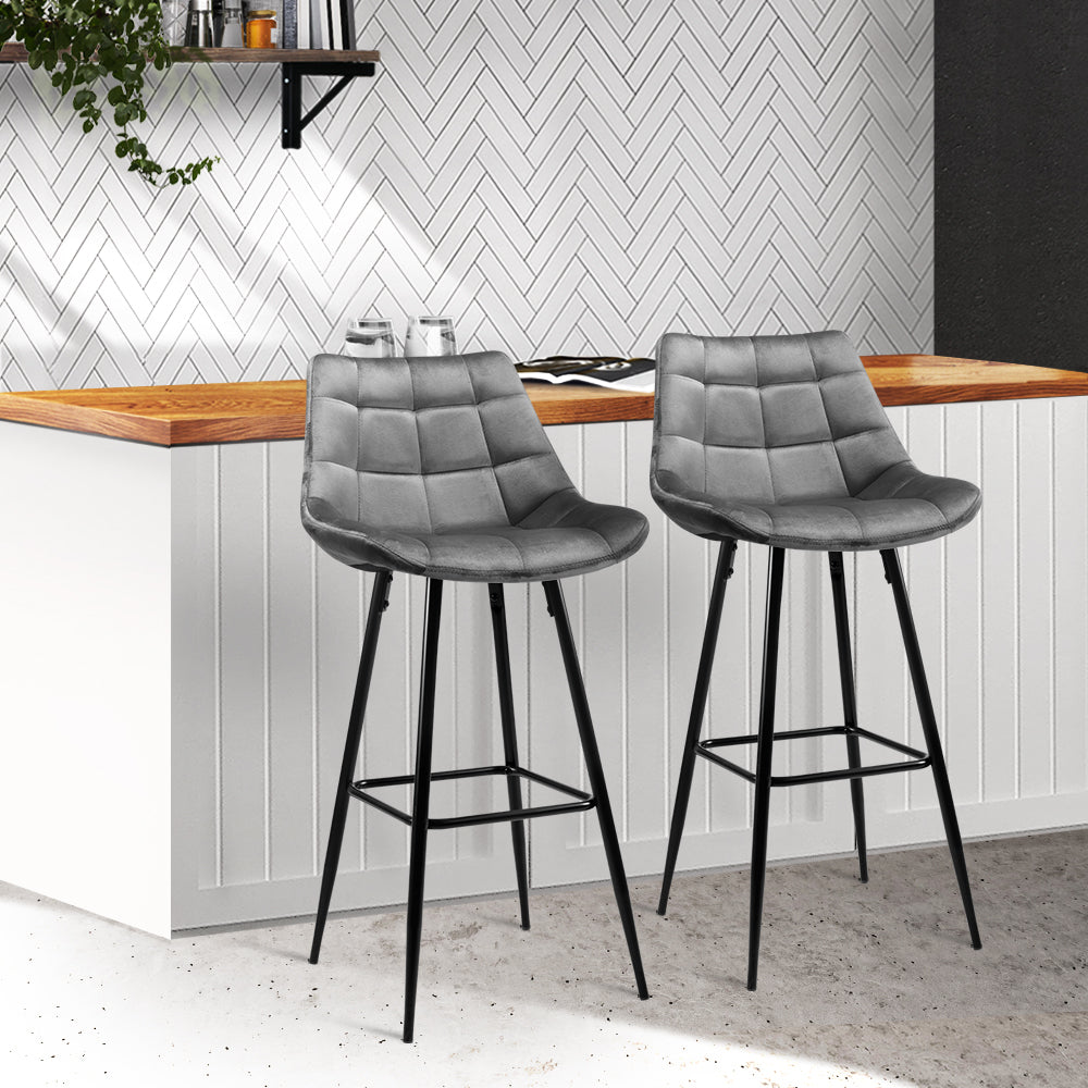 Artiss Set of 2 Velvet Bar Stools - Grey    "Modern Walnut Finish Chairs for Comfortable Seating in Any Room or Office Space - Fine Quality Furniture by Nessah"