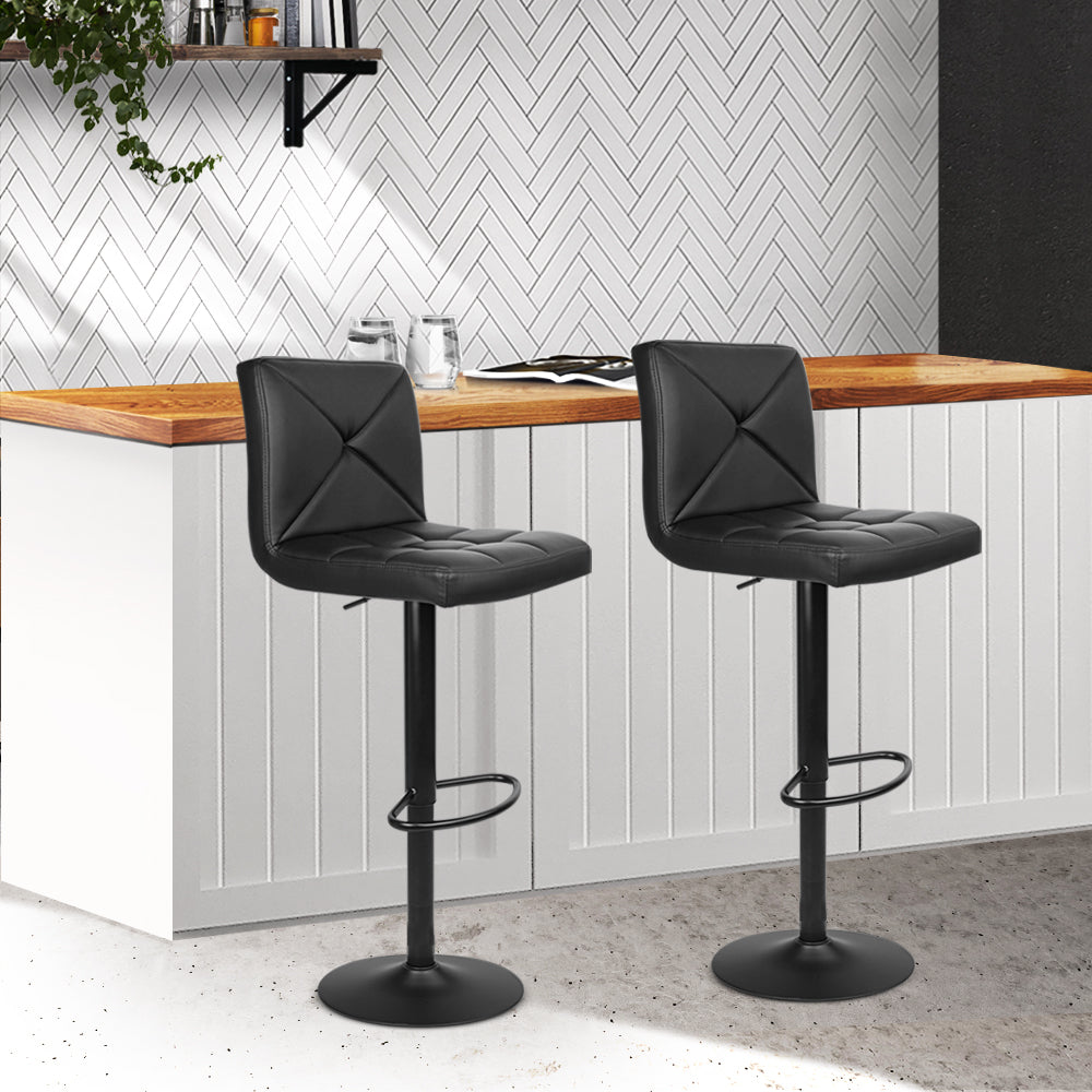 Artiss Set of 2 PU Leather Gas Lift Bar Stools - Black Upgrade your kitchen or office space with our stylish and elegant velvet swivel bar stools, and enjoy the perfect blend of comfort and design.