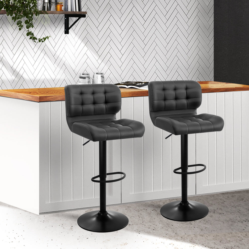 Artiss Set of 2 Kitchen Bar Stools Gas Lift Plush PU Leather - Black and Grey "Upgrade Your Seating Comfort with 2 Set of Premium Velvet and PU Leather Bar Stools featuring Soft Padded Seats, Steel Footrest, and Floor Protectors"