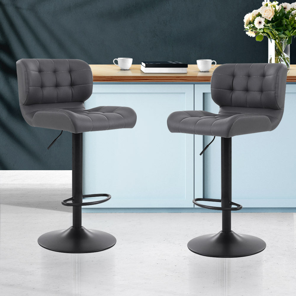 Artiss Set of 2 Kitchen Bar Stools Gas Lift Plush PU Leather - Black and Grey "Upgrade Your Seating Comfort with 2 Set of Premium Velvet and PU Leather Bar Stools featuring Soft Padded Seats, Steel Footrest, and Floor Protectors"