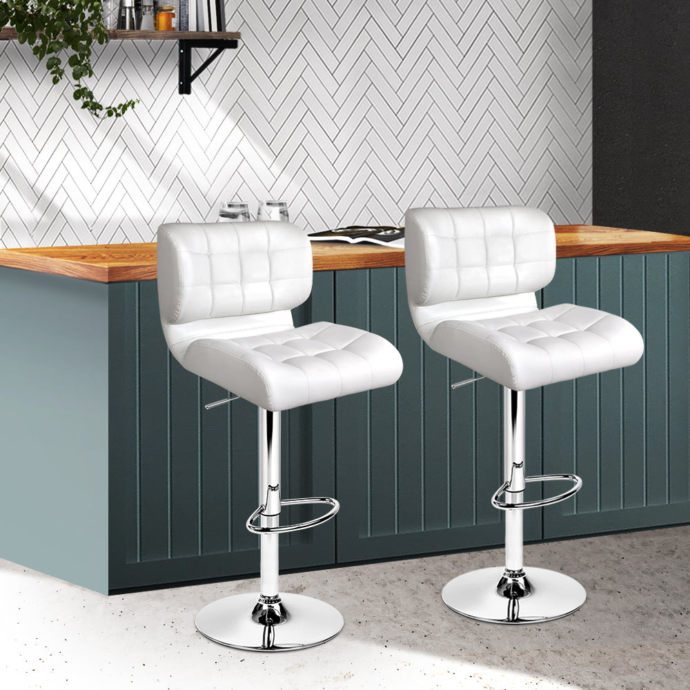 PU Leather Gas Lift Bar Stools - White and Chrome - Set of 2