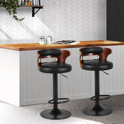 Leather Bar Stools Gas Lift Metal Black - Set of 2