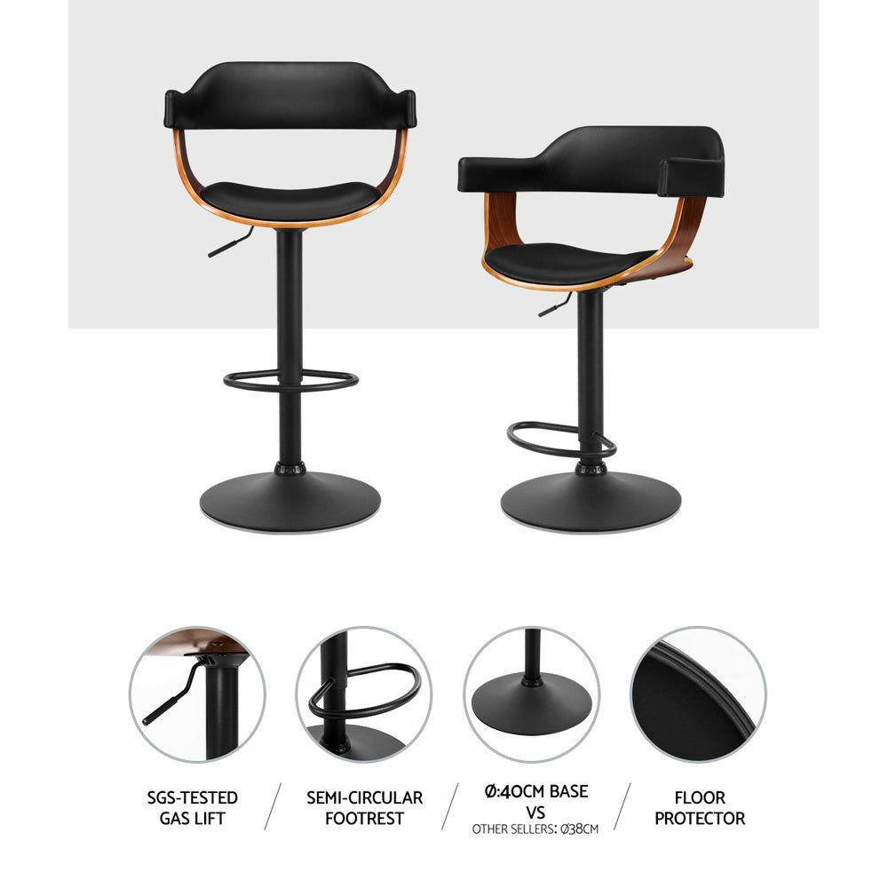 Artiss Bar Stool Curved Gas Lift PU Leather Wooden Seat Structure with Arms 360 Rotatable Chair