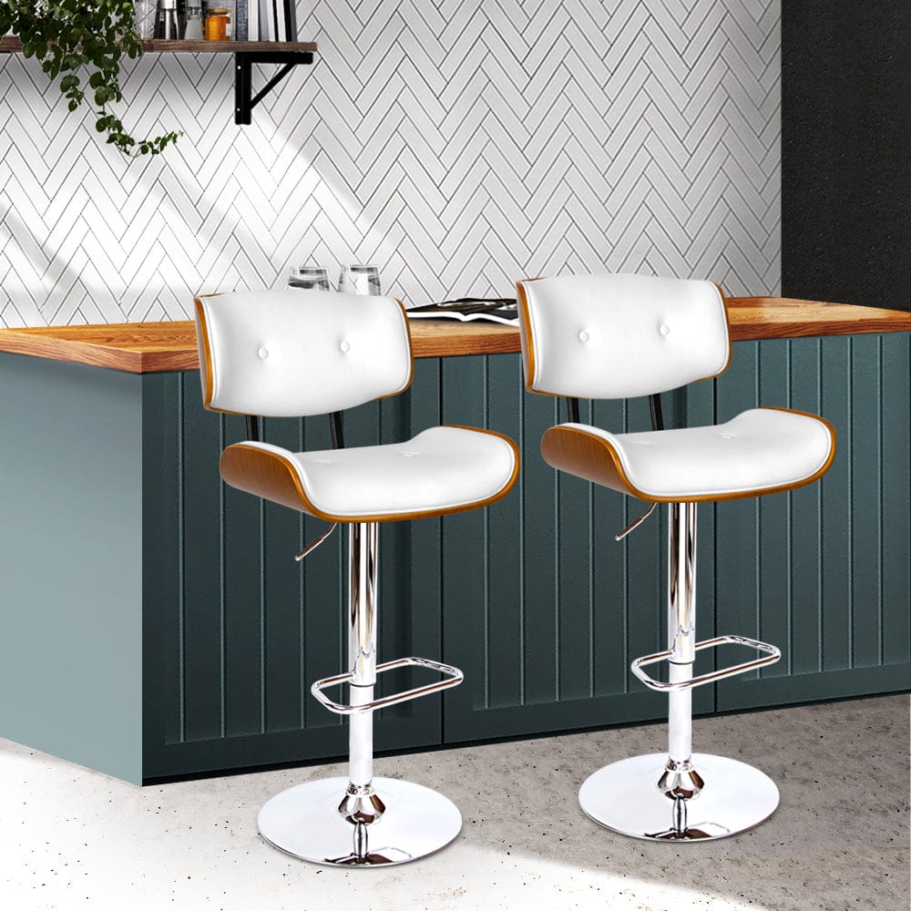 Wooden Gas Lift Bar Stool - White and Chrome - Set of 2