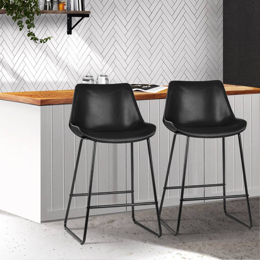 Artiss Set of 2 Bar Stools Kitchen Metal Bar Stool Dining Chairs PU Leather Black "Metal Barstools for Modern Living Spaces: Comfortable, Stylish, and Durable with Floor Protectors"