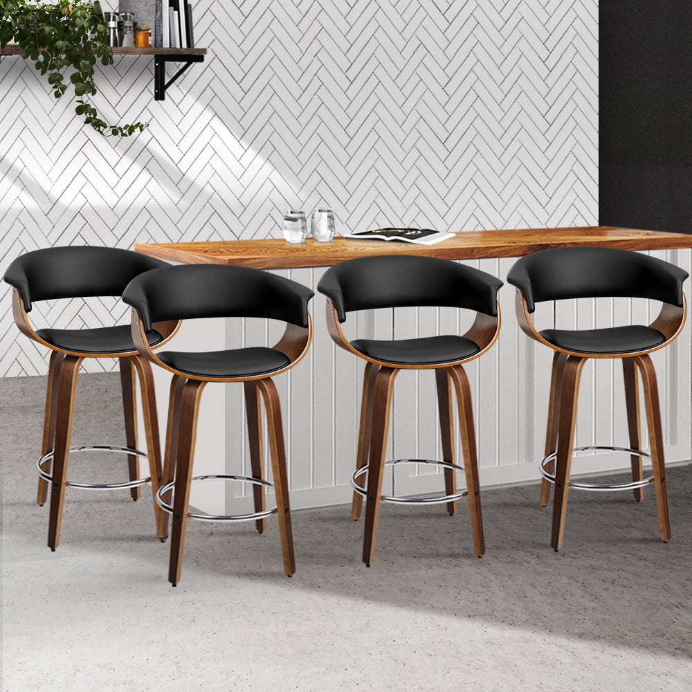 Barstool Now Swivel PU Leather Bar Stool - Wood and Black - Set of 4