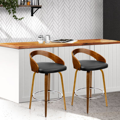 Artiss Set of 2 Walnut Wood Bar Stools - Black and Brown   "Modern Swivel Bar Stools with Wooden Structure and Anti-Slip Base for Comfortable Seating in Home and Office"