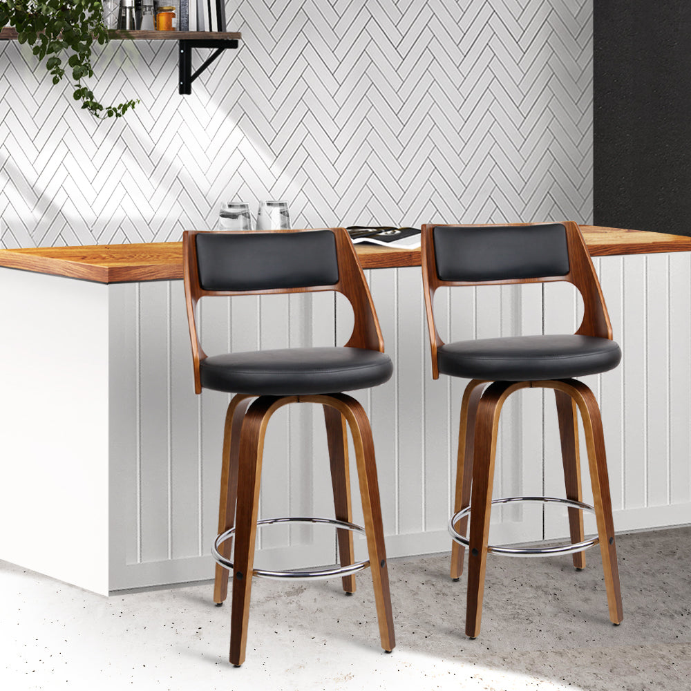 Wooden Bar Stools PU Black Leather - Set of 2