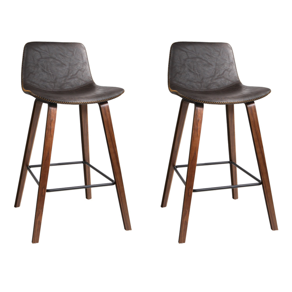 Artiss Set of 2 PU Leather Bar Stools Square Footrest - Wood and Brown  " Bentwood Bar Stool, wooden structure, solid wood, walnut finish, faux leather, backrest, footrest, metal, powder coated, anti-slip rubber feet, home, office, bar, café" .