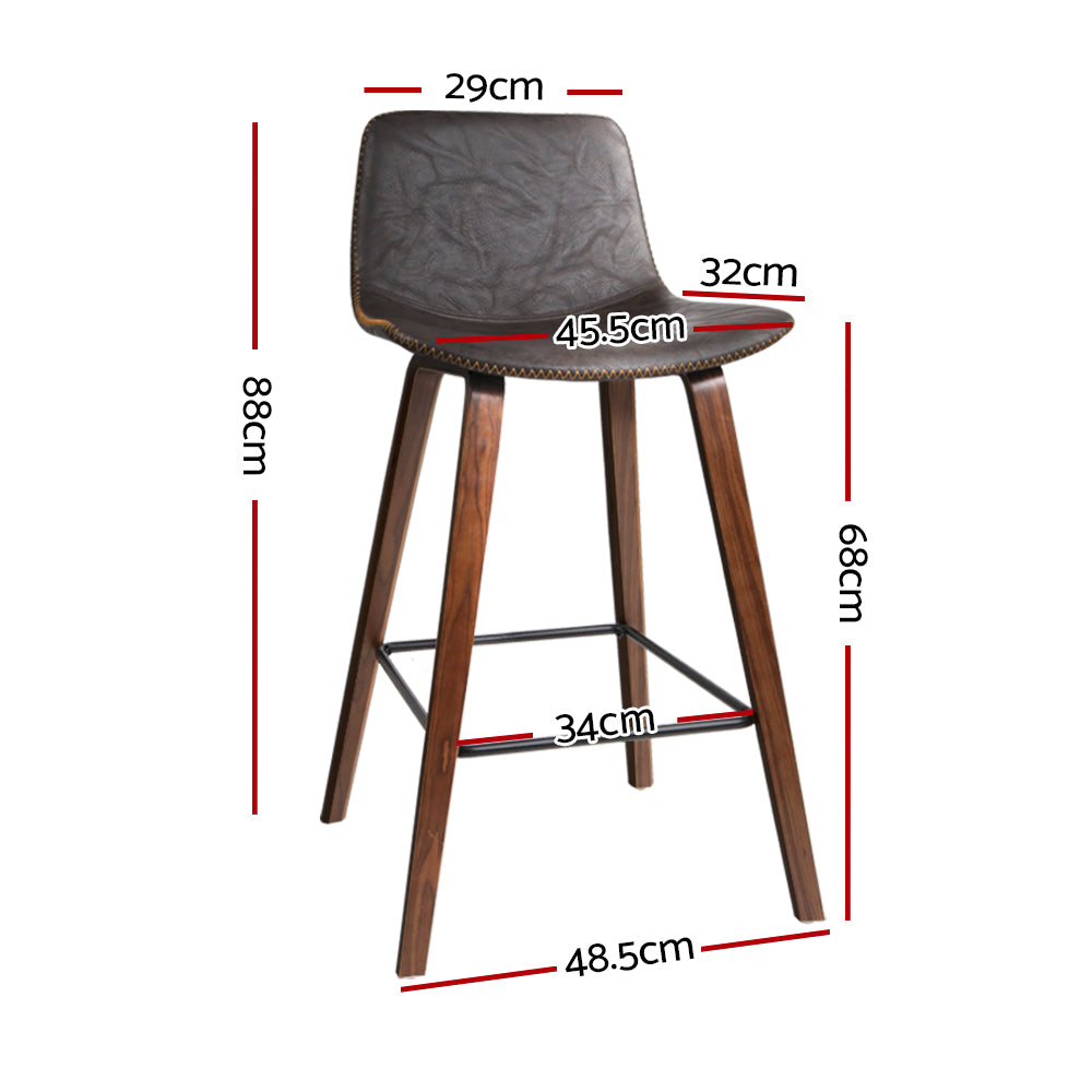 Artiss Set of 2 PU Leather Bar Stools Square Footrest - Wood and Brown " Bentwood Bar Stool, wooden structure, solid wood, walnut finish, faux leather, backrest, footrest, metal, powder coated, anti-slip rubber feet, home, office, bar, café" .