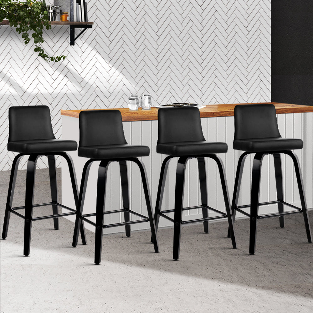 Wooden PU Leather Bar Stool - Black - Set of 4