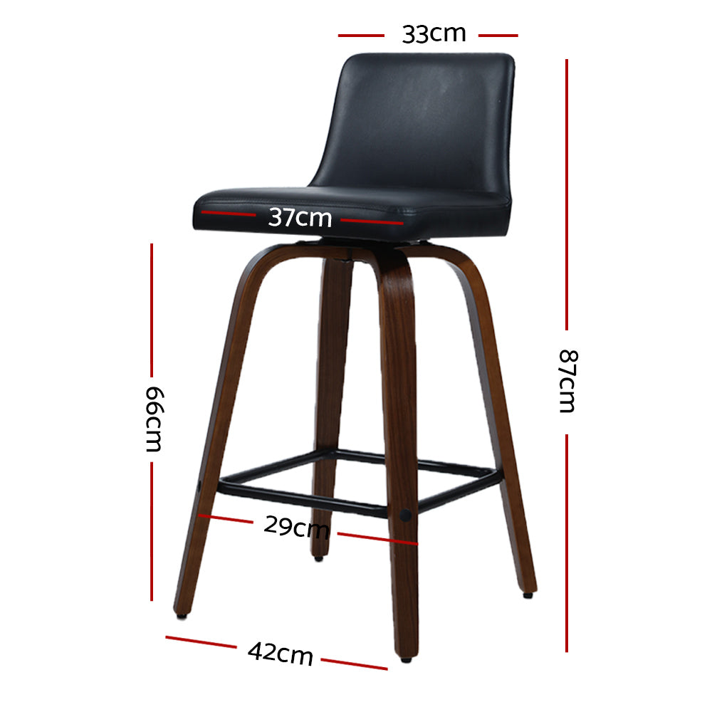 Black PU Leather Bar Stools Brown Wood Legs Set of 2