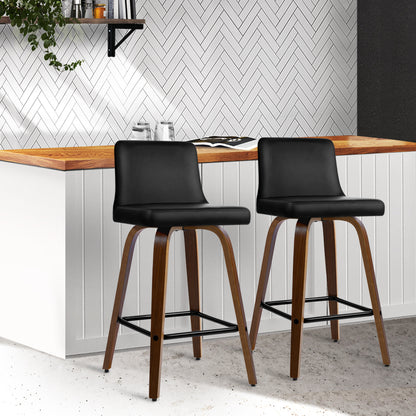 Black PU Leather Bar Stools Brown Wood Legs Set of 2