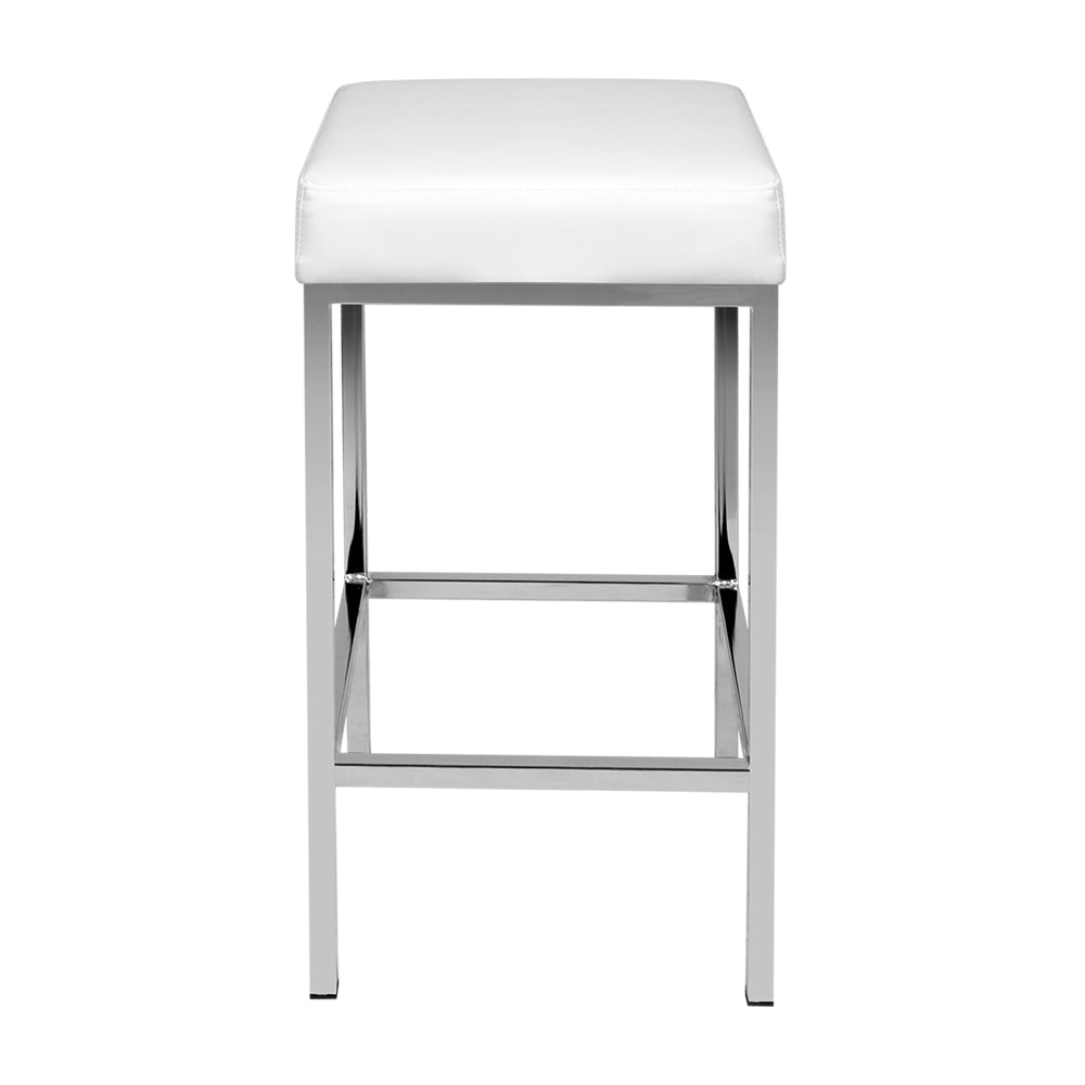 bar stool, seating comfort, design, chrome legs, padded seat, PU leather, contemporary, innovative, quality, footrest, rubber feet, steel structure, chrome finish, easy assembly, white color.