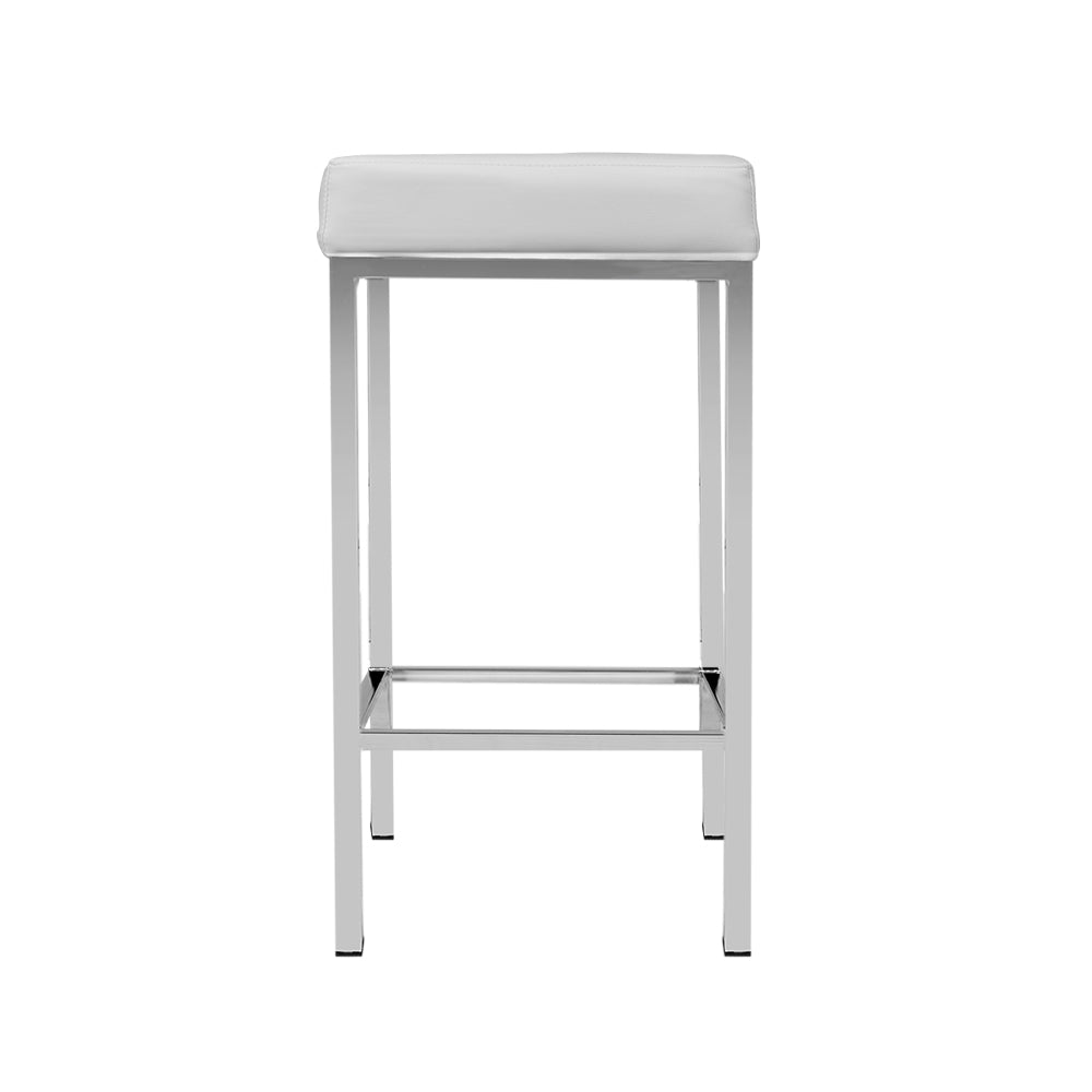 bar stool, seating comfort, design, chrome legs, padded seat, PU leather, contemporary, innovative, quality, footrest, rubber feet, steel structure, chrome finish, easy assembly, white color.