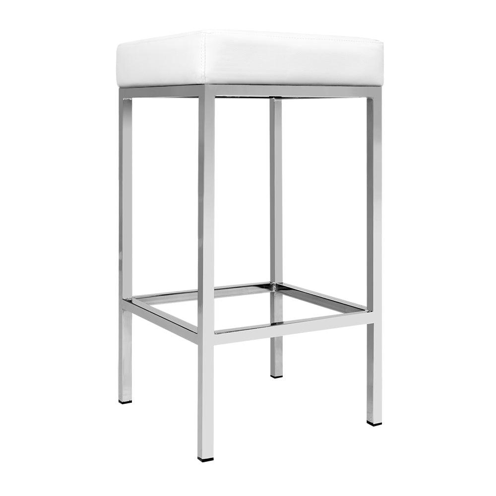 bar stool, seating comfort, design, chrome legs, padded seat, PU leather, contemporary, innovative, quality, footrest, rubber feet, steel structure, chrome finish, easy assembly, white color.