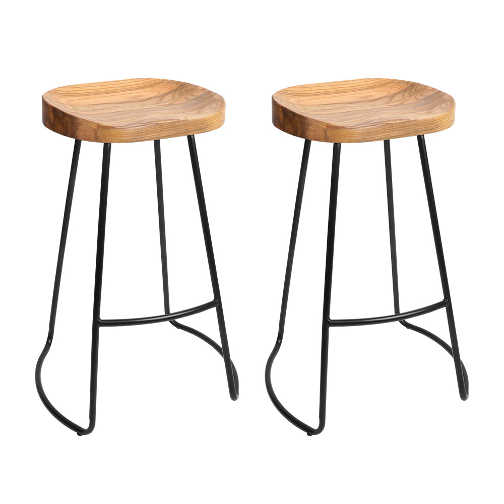 Artiss Set of 2 Elm Wood Backless Bar Stools 75cm - Black and Light Natural"Modern Metal and Wood Seating for Comfortable Home Decor"