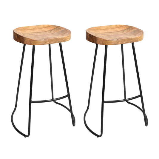 Artiss Set of 2 Elm Wood Backless Bar Stools 75cm - Black and Light Natural"Modern Metal and Wood Seating for Comfortable Home Decor"