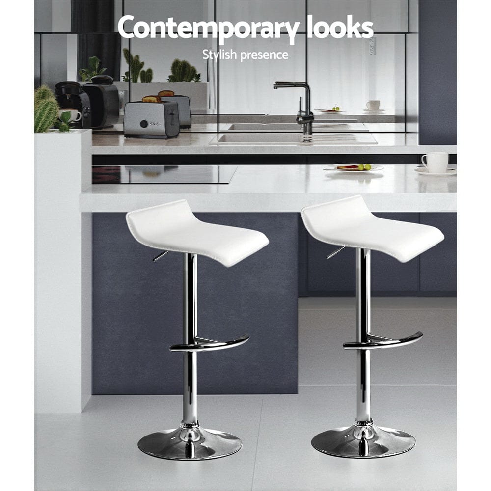 Artiss Set of 2 PU Leather Wave Style Bar Stools - White  bar stool, kitchen stool, home decor, PU leather, adjustable height, metal base, floor protector, comfortable seating, modern style, black and white, swivel seat, sturdy footrest, catchups, classy design.