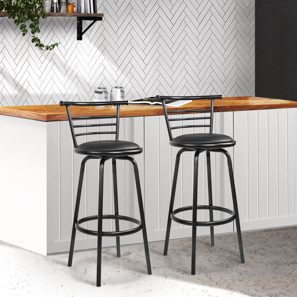 Set of 2, swivel bar stools, black, kitchen, dining, bar counter, commercial space, style, comfort, PU leather, steel body, 360-degree swivel seat, curved backrest, high resilience foam, tubular steel, heavy-duty footrest.