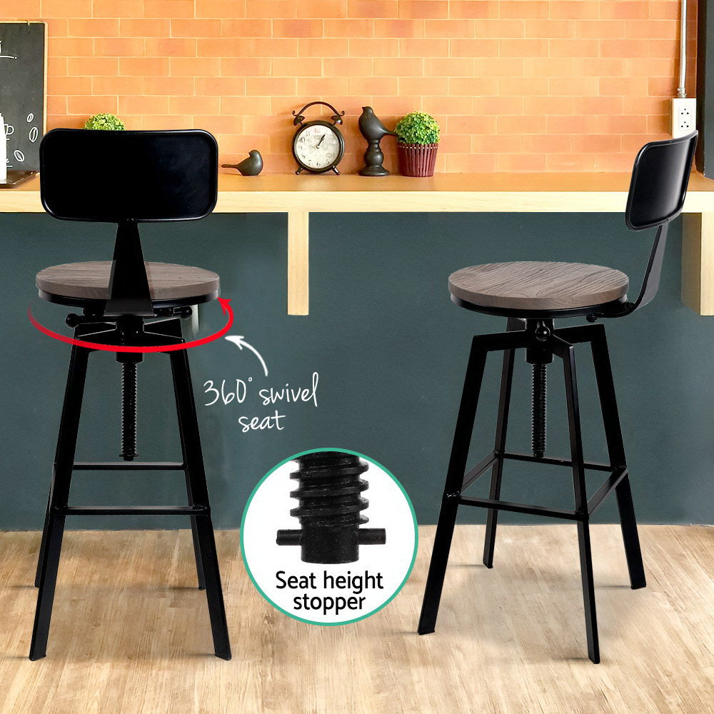 Artiss Rustic Angus Bar Stool: A Stylish and Comfortable Industrial Design with Premium Elm Wood Seat and Adjustable Height- Black and Wood