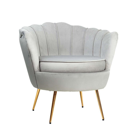 Lotus Flower Design Grey Barrel sofa chair with scalloped back, upholstered vanity chair featuring a lotus flower design. A stylish and unique addition to your space.