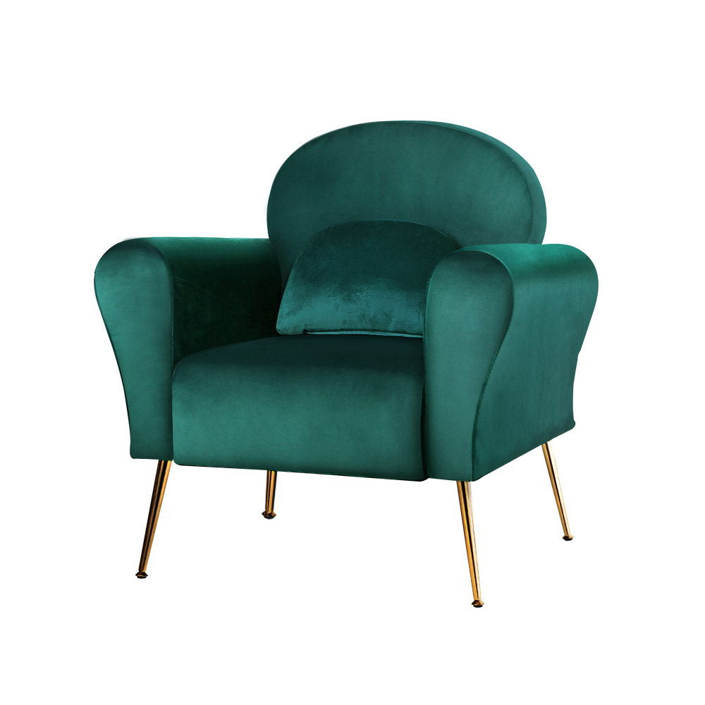 Green Velvet Caroline Accent Armchair with Cushion- Stylish accent chair with rolled armrests, high resilience foam, and golden splayed legs. Ideal for a cozy and elegant home.