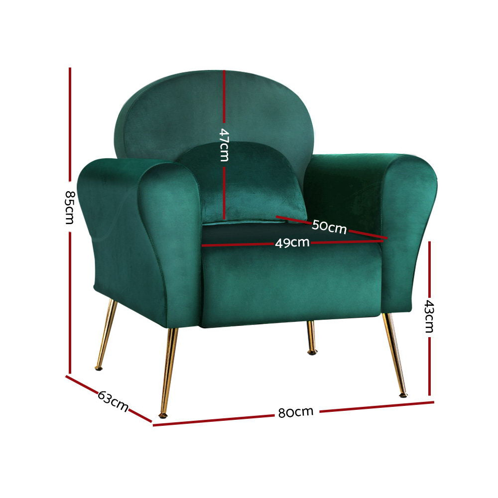 Caroline Armchair in Green Velvet - Dimensions: 80cm x 63cm x 85cm, Color: Green, Weight Capacity: 150kg. Stylish accent chair with high resilience foam and golden legs.