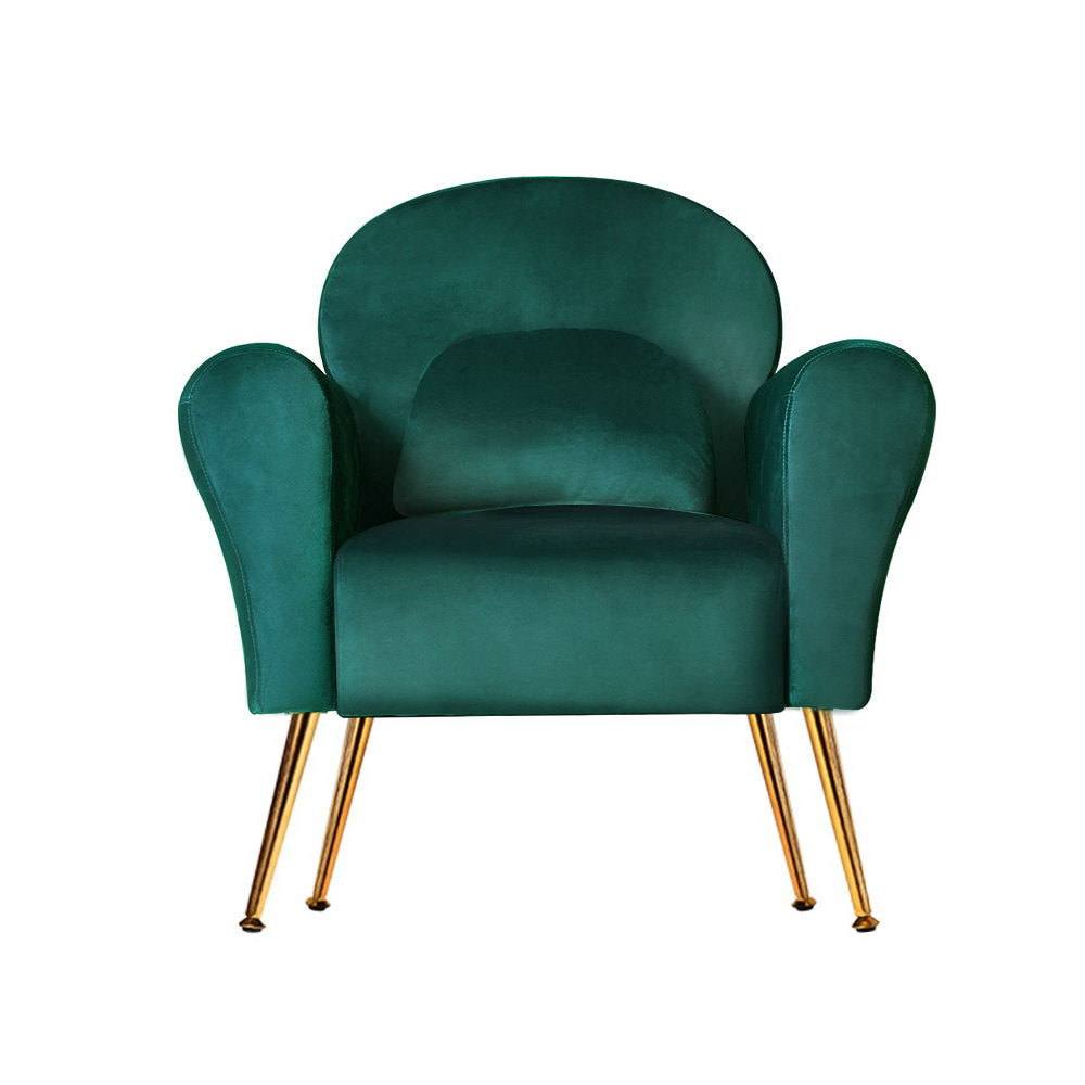 Caroline Armchair in Green Velvet - Stylish accent chair with rolled armrests, high resilience foam, and golden splayed legs. Ideal for a cozy and elegant home.