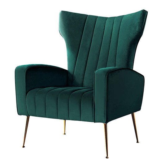 Green Velvet Wing Accent Armchair With Extra Wide Back Modern Sofa Seat For Cafe, Office, Living Room