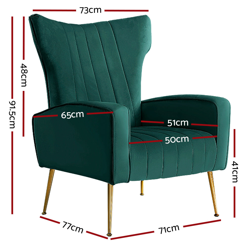 Green Velvet Wing Accent Armchair With Extra Wide Back Modern Sofa Seat For Cafe, Office, Living Room