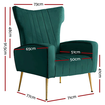 Green Velvet Wing Accent Armchair With Extra Wide Back Modern Sofa Seat For Cafe, Office, Living Room