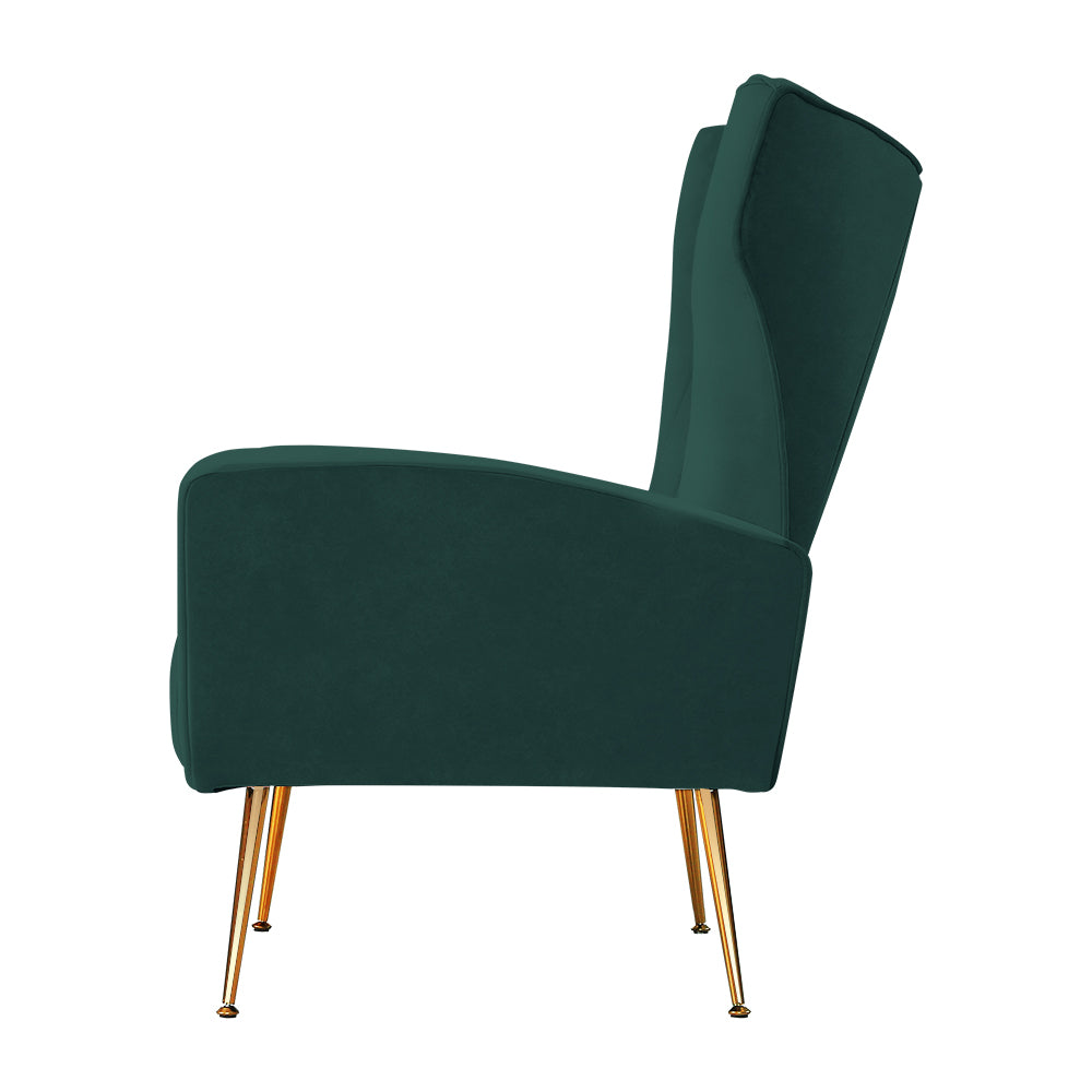 Green Velvet Wing Accent Armchair With Extra Wide Back Modern Sofa Seat For Cafe, Office, Living Room