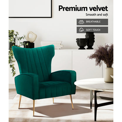 Green Velvet Wing Accent Armchair With Extra Wide Back Modern Sofa Seat For Cafe, Office, Living Room