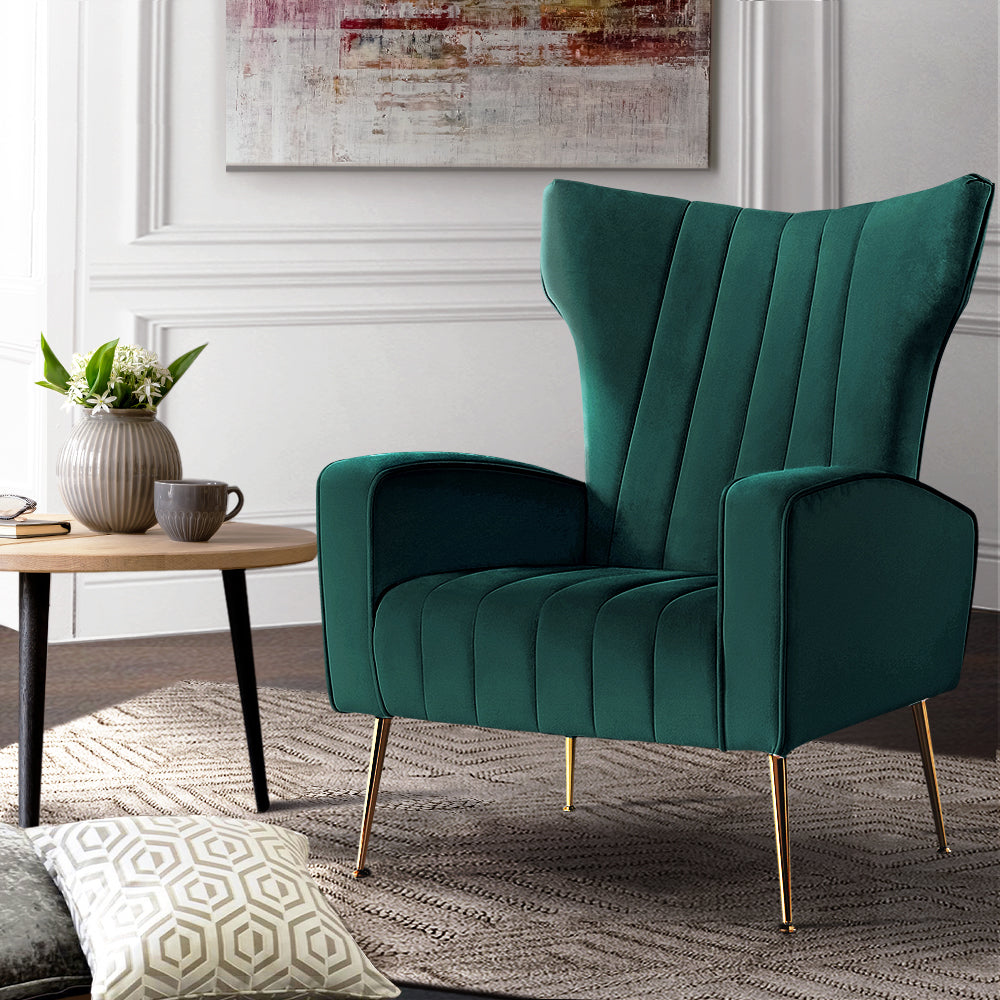 Green Velvet Wing Accent Armchair With Extra Wide Back Modern Sofa Seat For Cafe, Office, Living Room