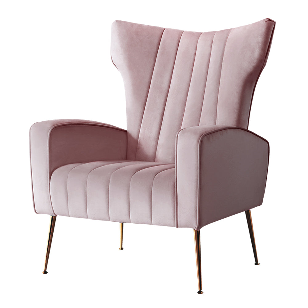 Pink Velvet Wing Accent Armchair - Luxurious velvet upholstery, high-back design, and golden splayed legs. Elevate your space with this beautiful and comfy accent piece for ultimate relaxation