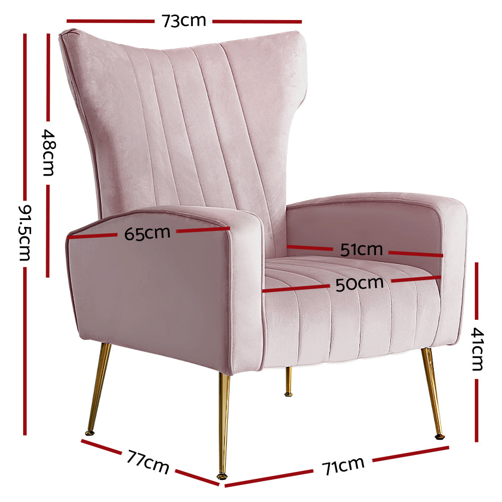 Kate Armchair - Plush pink velvet, durable steel legs. Dimensions: 73cm x 77cm x 91.5cm. Weight capacity: 150kg. Assembly required. Elegant addition to your space