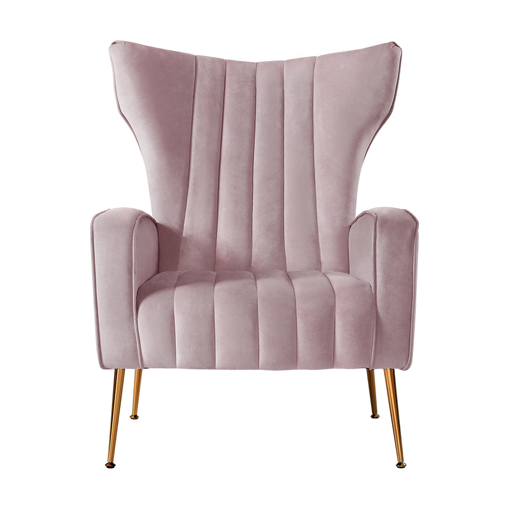 Pink Velvet Wing Accent Armchair - Luxurious velvet upholstery, high-back design, and golden splayed legs. Elevate your space with this beautiful and comfy accent piece for ultimate relaxation