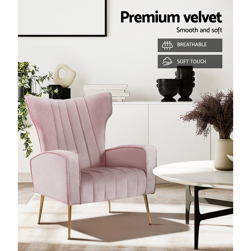 Pink Velvet Wing Accent Armchair - Premium velvet, smooth and soft. Breathable fabric with a luxurious soft touch. Elegant addition to your living room.