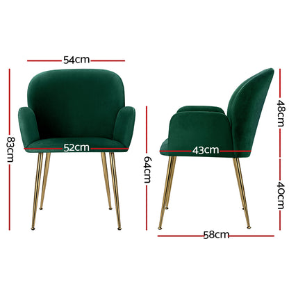 Artiss  Set of 2 Kynsee Dining Chair Armchair Cafe Chair Upholstered Velvet Green "Thick Foam Soft Sofa Set: Smooth and Comfortable Living Room Furniture"