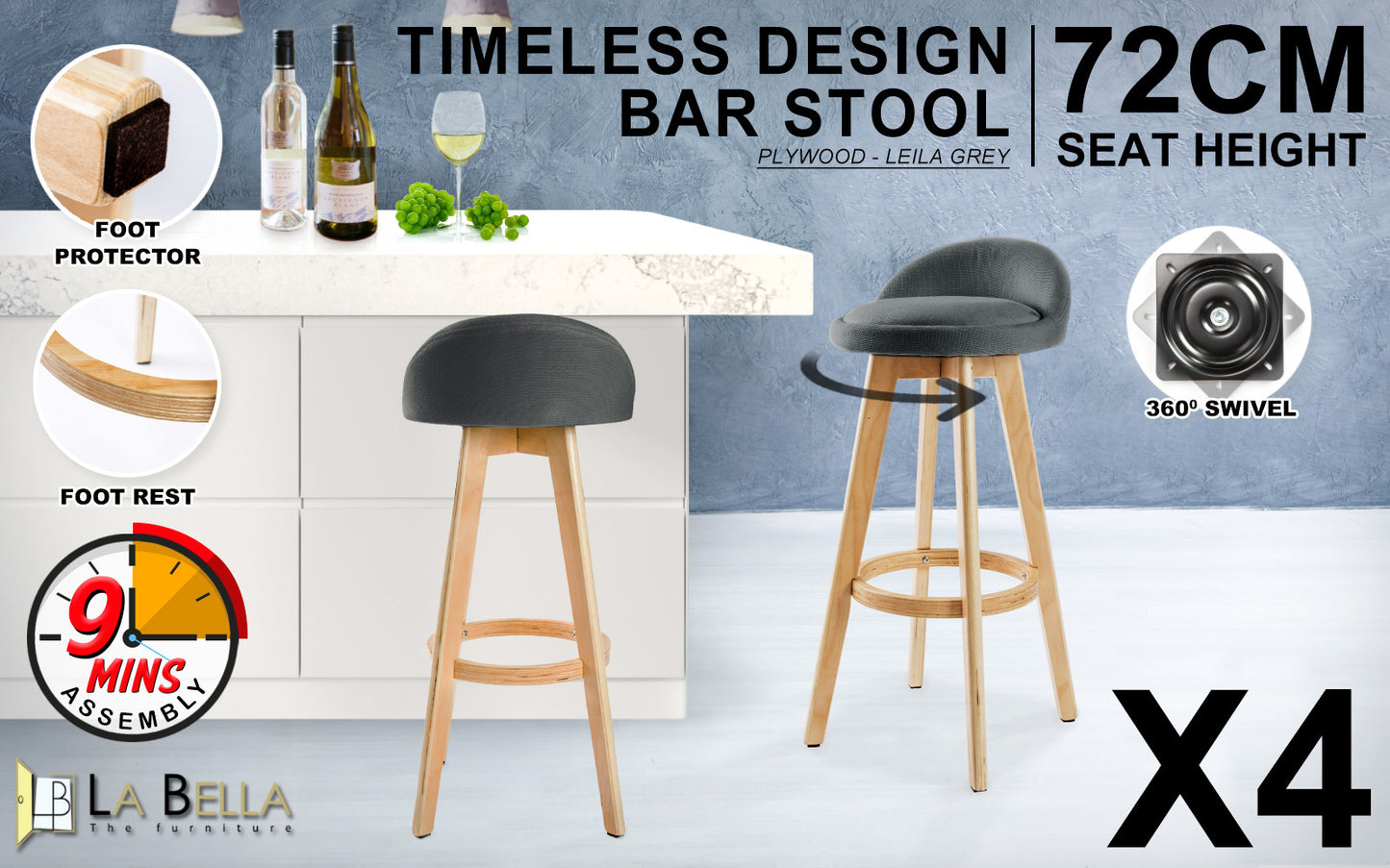 La Bella 4 Set 72cm Grey Wooden Bar Stool Leila Fabric